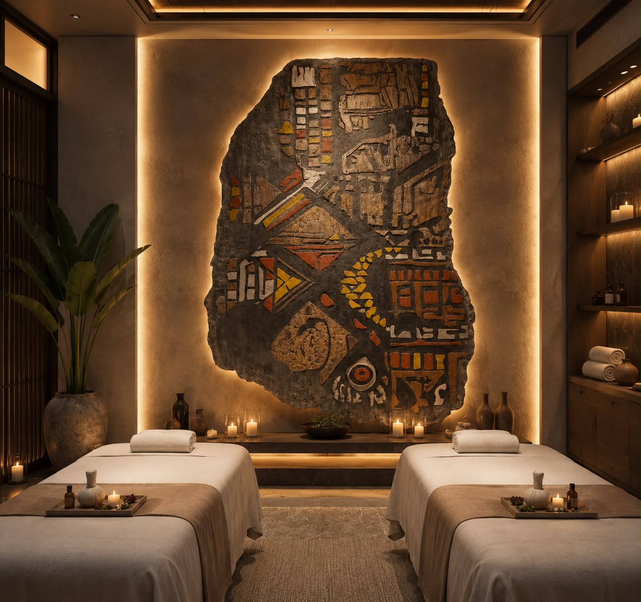 Sunfire tribal mural - spa by Ubuntu Interior